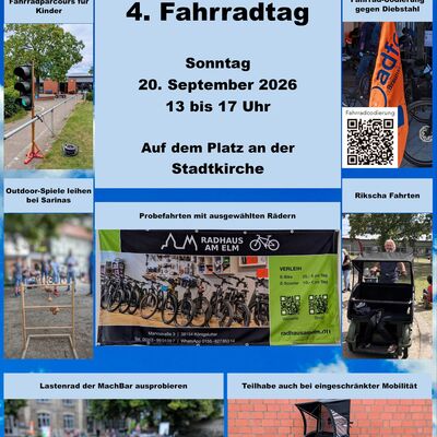 Am Sonntag, 20. September 2026 von 13–17 Uhr, lädt der MachBar e.V. zum diesjährigen Fahrradtag auf dem Platz an der Stadtkirche ein. Da auch der Weltkindertag ist, wurde ein spezielles Programm ausgearbeitet.
Im Mittelpunkt steht ein Fahrradparcours, auf dem zuerst die Schüler der Rudolf-Dießel-Schule sowie zwei örtliche Kindergartengruppen ihre Fahrkünste zeigen werden.
Anschließend sind alle Kinder gefragt, den Parcours auszuprobieren und ihr Können auf Fahrrädern unter Beweis zu stellen.
Am Ende steht dann für jede/n eine kleine Überraschung bereit.
Bei Sarinas Bücher- und Spieleparadies können seit einiger Zeit „Spiele für Draußen“ ausgeliehen werden, die im Rahmen von Stadtstipendien angeschafft wurden. Diese können unter den schattigen Bäumen des Kirchplatzes ausgiebig ausprobiert werden. Spaß und Herausforderung für alle Generationen.
Der ADFC Braunschweig bietet die jährliche Fahrrad-Codierungsaktion an. Der deutlich sichtbare Fahrrad-Code wird empfohlen zur Diebstahls-Prävention und erleichtert die Zuordnung beim Auffinden von Rädern. Eine Anmeldung ist nicht erforderlich. Mit einem im Vorfeld ausgefüllten Online-Codierungsformular, wird der Ablauf allerdings erleichtert.
Fahrrad statt PKW nutzen? Das RADHAUS am Elm stellt neben E-Bikes auch ein Lastenrad zum Ausprobieren bereit.
Ein besonderes Angebot richtet sich an Menschen mit eingeschränkter Mobilität. Sie können sich mit einer Rikscha über das Gelände fahren zu lassen.

